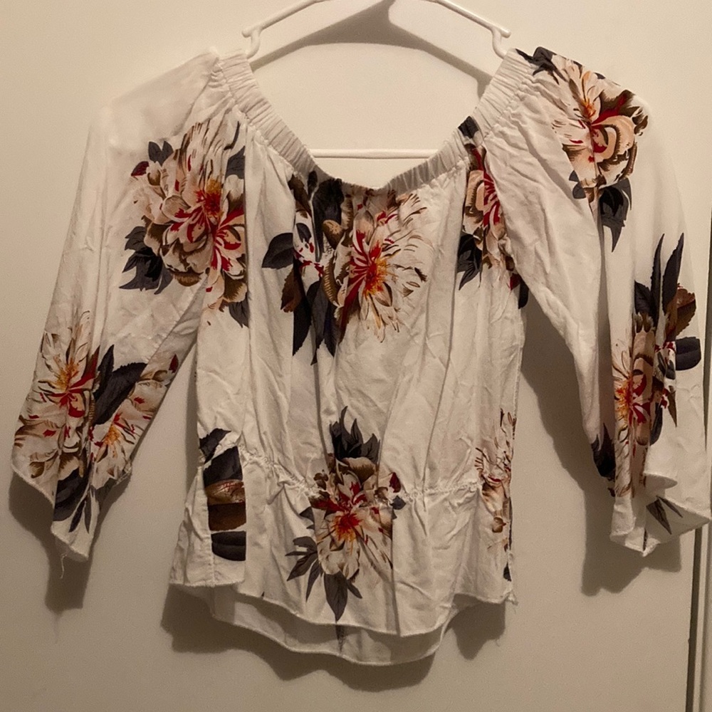 Off shoulder flowered white shirt